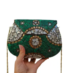 Design moderno fatto a mano a mosaico in metallo borsa con pochette di pietra etnica indiana donna/ragazza da sposa in metallo con pochette da festa di RF artigianato