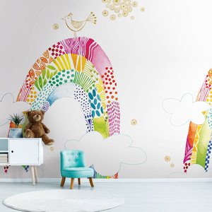 Hecho en Alemania Foto Papel pintado Murales Guardería Blanco Rosa Amarillo Vinilo no tejido Mural de pared Arco Iris para Hotel-2,80x2,65 m - Product Image 1