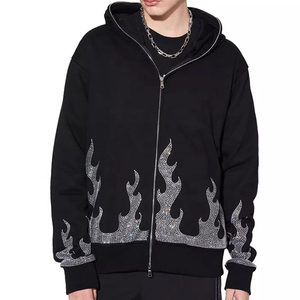 เสื้อฮู้ดพลอยเทียมสำหรับผู้ชายสีพื้นพิมพ์โลโก้แบบหนา - Product Image 1