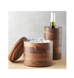 Seau à glace à double paroi en acier inoxydable isolé pour bière, vin et champagne avec couvercle en bois Outdoor Camping Party Wooden Color - Product Image 1