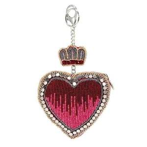 Beautiful heart design <b>pink</b> and red coloured seed beaded embroidery keychain and keyring and bag accessories from India - Product Image 1