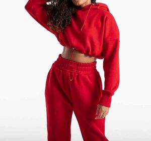 Solid plain <b>Red</b> color <b>crop</b> <b>top</b> long sleeve custom made wheolsale price <b>top</b> quality fabric women two piece <b>crop</b> <b>top</b> tracksuits - Product Image 1