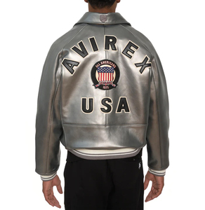 Men's High Quality Winter Jacket Best Selling Silver Color <b>Stand</b> Collar Leather Avirex Jacket - Product Image 4