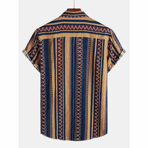 Camisas hawaianas holgadas de manga corta a rayas de lino y algodón con estampado étnico para hombre de verano personalizadas de alta calidad - Product Image 6