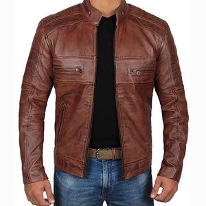 Men's Leather Jacket Genuine Leather <b>Cow</b> Skin Classic Vintage Style Stand Collar Front Logo DDP Shipping - Product Image 1