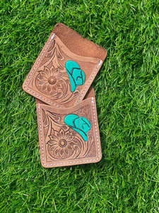 เคสบัตรเครดิตหนังแท้ลายดอกไม้สำหรับผู้หญิงหมวกคาวบอยสีเทอร์ควอยซ์ - Product Image 4