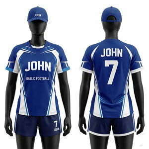 Uniforme de fútbol gaélico para mujer, tejido de poliéster transpirable, color granate con paneles azul cielo, sublimación de nombre, número y logotipo. - Product Image 3