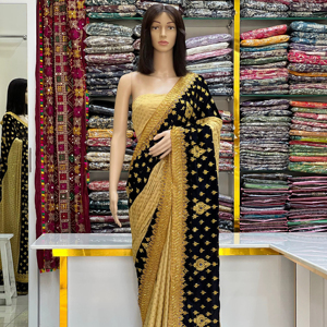 Sari de terciopelo puro con blusa de seda Malai, detalle de bordado elaborado, elegante borde decorativo que añade un toque refinado - Product Image 1