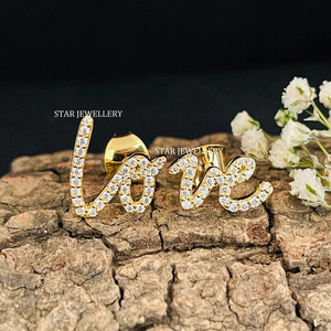 14K Solid Gold Natural Diamond LOVE Letter <b>Earring</b> Fine Jewelry. - Product Image 4