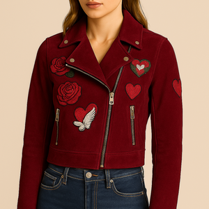 Chaqueta de Motociclista de Piel de Oveja con Parches Bordados Cortos Personalizables para Mujer, Diseño Sólido, Moda Motera para Invierno y Otoño - Product Image 1