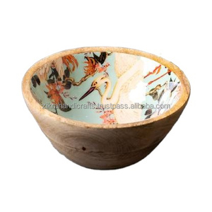 Bols en émail imprimés Design en bois frais de qualité fait à la main fruits aliments légumes bol de service de forme ronde plat de service - Product Image 1