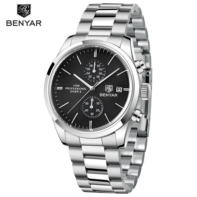 BENYAR 5187 New Sports Men Quartz Wristwatches 100M Waterproof Watch for Men Leather Chronograph Watch Relojes Hombre