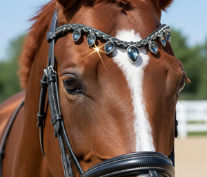 Frontalera para Caballo de Cuero Negro Hecha a Mano con Piedras de Cristal en Forma de Lágrima Colgantes |   Banda Decorativa Premium para la Frente del Caballo - Product Image 1