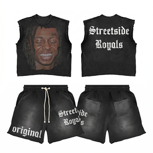 Conjunto de camiseta sin mangas y pantalones cortos de algodón de 300 GSM, color negro, con estampado personalizado para hombre. - Product Image 1