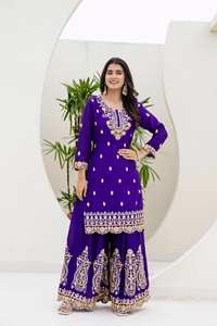 Nouveau concepteur PALAZZO avec tissu en mousseline de soie KURTA & DUPATTA avec codage de séquence de broderie pour les occasions de fête LANCEMENT exclusif - Product Image 3