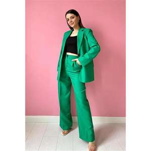 Conjunto de Chaqueta y Pantalones de Satén con Doble Botonadura y Decoración de Botones Verdes al por Mayor - Product Image 4