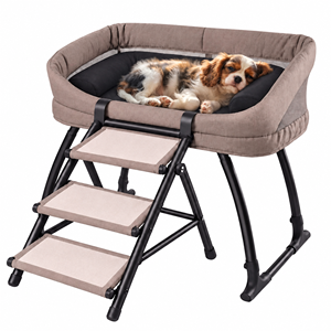 Cama elevada para mascotas con colchón acogedor y escalera de seguridad, junto a la cama del dueño - Product Image 1