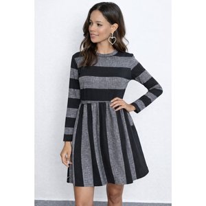 Jane's Women's Long Sleeve Crew Neck Striped Pattern Detail Knit <b>Mini</b> Dress for Casual Daily Wear - Product Image 2