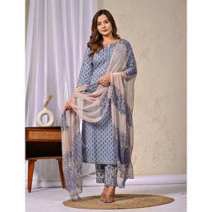 Grey Cotton Kurta Pant Set with Butti Block Printed Ethnic <b>Bandanas</b> - Product Image 5