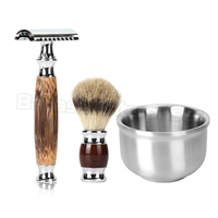 Kit de rasage humide pour hommes, 4 pièces, brosse de rasage pour poils de blaireau, support en acier inoxydable, bol de rasage et rasoir de sécurité