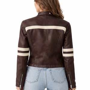 Veste en simili cuir marron courte pour femme avec détail rayé blanc et logo personnalisé, veste en cuir pour femme - Product Image 5