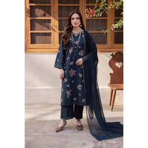 Conjunto de 3 Piezas: Camisa Bordada con Batik, Dupatta de Chifón y Pantalón - BIC-4863-3/4 Mangas - Product Image 1