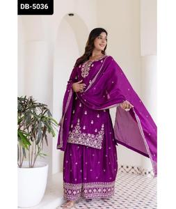 Nouveau concepteur femmes porter Chinon matériel Salwar Kameez costume avec broderie séquence travail Sharara costume pour mariage Festival porter - Product Image 1