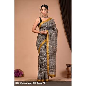Sari de Seda Banarasi con Estampado a Mano, Estilo Étnico Indio, con Tela de Red y Borde Maheshwari Zari, Precio Bajo para Bodas - Product Image 1