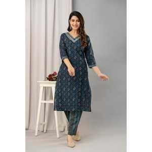 Conjunto de Kurta estampado de algodón puro azul marino para mujer con pantalones y Dupatta - Product Image 3