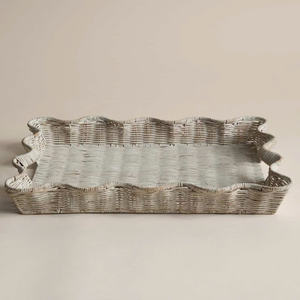 Grand plateau de service en rotin blanc à bords festonnés avec poignées, plateau ottoman en osier tissé à la main de luxe pour la décoration de la maison - Product Image 4