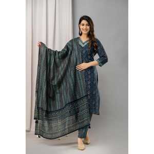 Conjunto de Kurta estampado de algodón puro azul marino para mujer con pantalones y Dupatta - Product Image 5