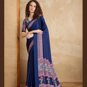 Designer Indian Beautiful wear Indian Designer Ajrakh Print Satin Crepe Saree Design Pakistani Wedding and Party Wear saree - Product Image 1