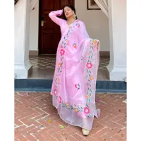 Ensemble de costume Anarkali pour femmes, en rayonne, à col en V, avec dentelle peinte à la main, longueur cheville, style Gotta, printemps/été