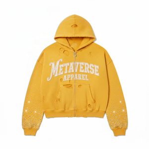 Sweat-shirts à capuche pour hommes 100% coton, qualité supérieure, broderie usée, épaules tombantes, strass, mode streetwear, sweat-shirts décontractés - Product Image 3