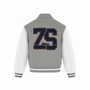 Veste universitaire en laine polaire de qualité supérieure 450 GSM Texture douce manches en cuir blanc corps gris veste universitaire en chenille personnalisée pour homme - Product Image 2