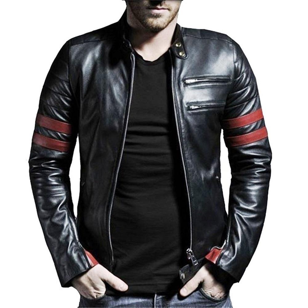 Veste en cuir pour hommes LR Veste de moto en cuir d'agneau véritable pour hommes Veste en cuir vintage pour hommes Noir avec bandes d'épaule rouges