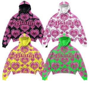 เสื้อมีฮู้ดพิมพ์ลายหัวใจโอเวอร์ไซส์ดีไซน์แบบสวมหัวลายกราฟิกสีชมพู - Product Image 1