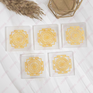 AAA Quality 3 Inches Selenite Crystal Square Plate Gold Carving-Shree Yantra Eco-Friendly Meditation Use Anshul Impex - Product Image 3