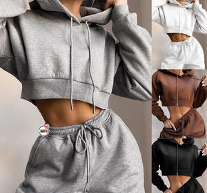 Sudaderas y sudaderas recortadas de gran tamaño para mujer de alta calidad, jersey liso, conjunto de sudaderas con capucha para niñas, 100% algodón transpirable - Product Image 3