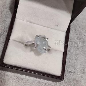 Anillo de Plata de Ley 925 con Piedra Preciosa de Aguamarina Natural, Anillo de Banda con Engaste de Puntas, Joyería Hecha a Mano para Navidad, Piedra de Nacimiento de Marzo - Product Image 5