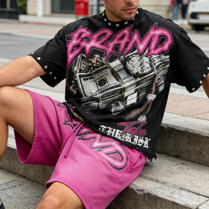 ชุดเสื้อยืดและกางเกงขาสั้นสตรีทแวร์ผู้ชายแบบใหม่ พิมพ์ลาย คอกลม ผ้าถักโพลีเอสเตอร์ ชุดลำลองฤดูร้อน สีชมพู สีดำ - Product Image 2