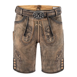 Lederhosen bavarois unisexe en cuir de vachette court fabriqué au Pakistan Oktoberfest Fashion Plaid Pattern Elastic Waist Closure - Product Image 1