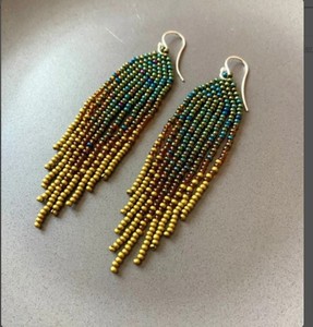 Long <b>Green</b> Ombre Beaded <b>Earrings</b>.Bronze Fringe Boho\feather\tassel <b>Earrings</b> - Product Image 2