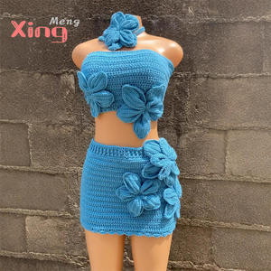 Nuevo Vestido de Bikini de Verano Casual Azul Natural de Ganchillo Tejido, Estilo Europeo Americano, Mini Vestido A-line Sexy con Escote Cruzado - Product Image 2