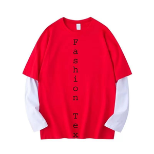 Camiseta Roja Extra Grande para Hombre con Manga Larga en Contraste Blanco y Estampado de Texto Vertical a la Moda, Estilo Casual de Punto Jersey con Cuello Redondo - Product Image 1