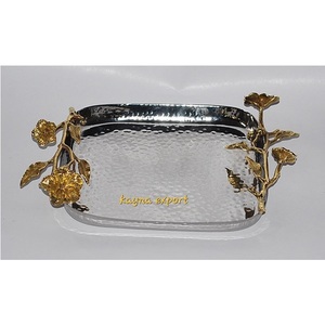 HOT SELLING DECORATIVE POLISHED HAMMERED <b>TRAY</b> <b>GOLD</b> LEAF BRANCH HANDLE CUSTOMIZED HANDMADE LUXURY METAL <b>SERVING</b> PLATTER Oval <b>TRAY</b> - Product Image 4