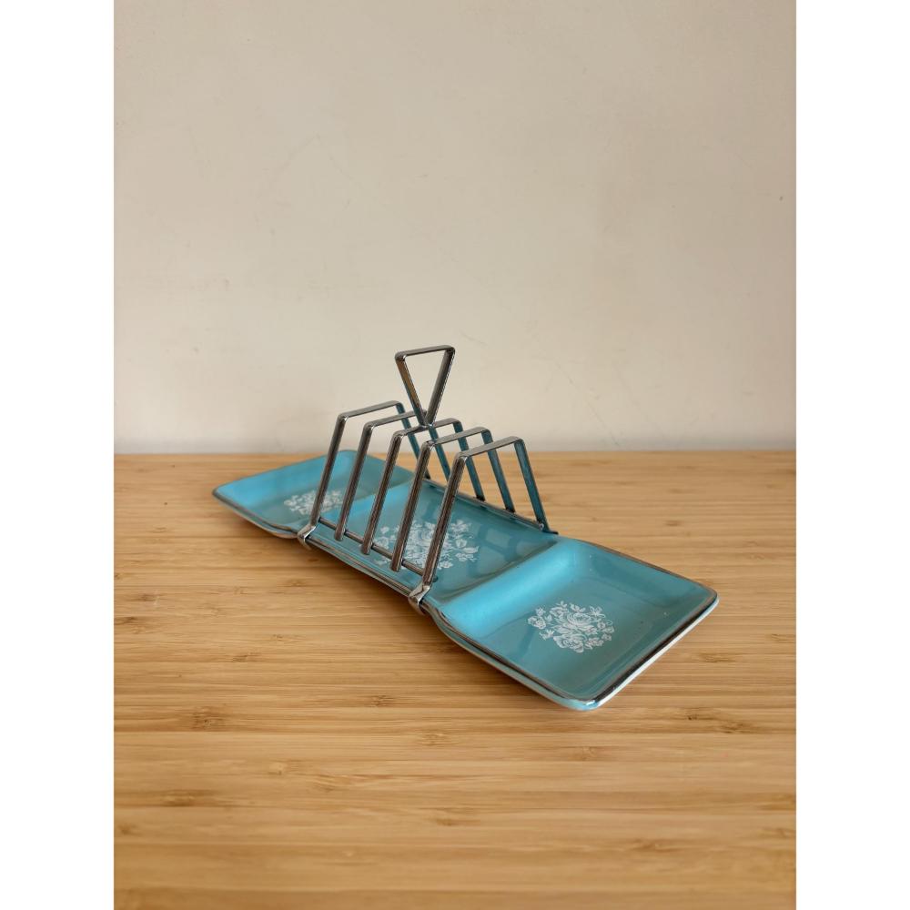 Vintage Chrome Toast Rack With Blue Side Plates Retro Breakfast Table Organizer For Toast Kitchenware & hotel use