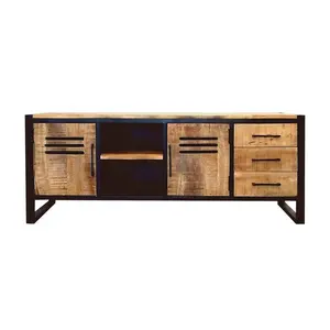 Modern Design Furniture Strong Iron Frame and Solid Mango Wood TV Cabinet with 3 Drawers and 2 Doors for Home Living Room
