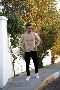 Offre Spéciale Golf classique Beige Long Polo t-shirt avec bouton en métal doré coton respirant Gym & Casual Streetwear hommes Polo t-shirts - Product Image 4