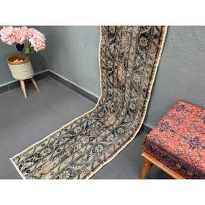 Alfombra de 1.7x9.1 pies, Alfombra Turca Vintage, Alfombra de Lana Azul - Product Image 2